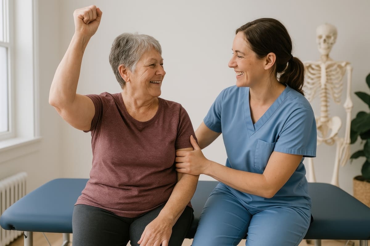 A physiotherapist working with a smiling older patient